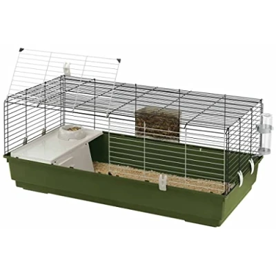 Image of FERPLAST Rodent Cage RABBIT 120 for Rabbits, Guinea Pigs, in Metal, Accessories included: Manger, Drinking bottle, House, Bowl. 118x58.5xh49.5cm