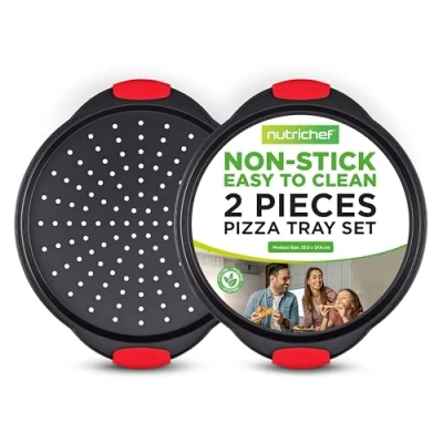 Image of NutriChef 2 Pc. Non Stick Pizza Tray with Silicone Handle, Round Steel Pan Perforated Holes, Dishwasher Safe, and Oversized PFOA, PFOS, PTFE Free