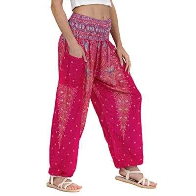 Image of Lofbaz Harem Pants for Women Yoga Boho Hippie Clothing Womens Palazzo Bohemian Pajama Trousers Beach Indian Gypsy Genie Clothes Peacock 1 Pink M