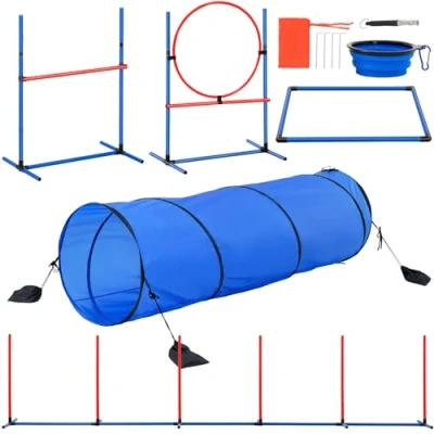Image of VEVOR Dog Agility Training Equipment, 5 PCS Set with Adjustable High Hurdles,6 Weave Poles, Tunnel, Jump Ring, Pause Box, Whistle, Foldable Bowl, Puppy Obstacle Course Kit Storage Bags