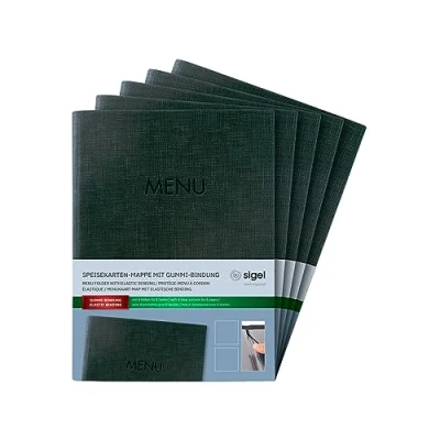 Image of SIGEL SM207 Set of 5 Menu folders with elastic cord,with 2 Transparent Pocket for 8 DIN A5 Sheets, embossing Menu, anthracite
