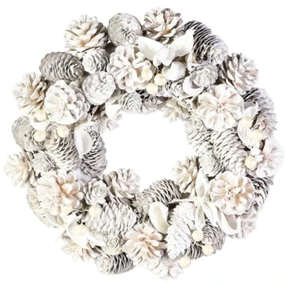 Image of 12&quot; Winter Wreath Festive White Pine Cone Hanging Door Garland (DB87)