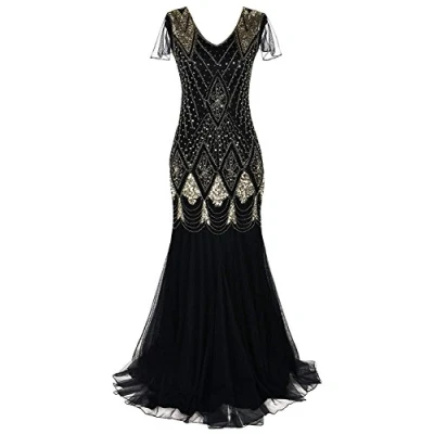 Image of aifuu 1920s Flapper Fringed Sequin Dress Roaring 20s Fancy Gatsby Costume V Neck Vintage Beaded Evening