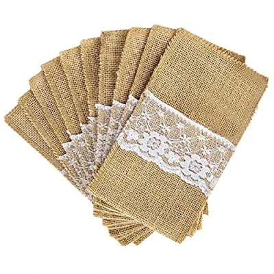 Image of Alnicov Natural Burlap Lace Utensil Cutlery Holders Jute Napkin Bags for Vintage Wedding Party dinner Thanksgiving banquet Tableware Decorations(Lace 20 Packs)