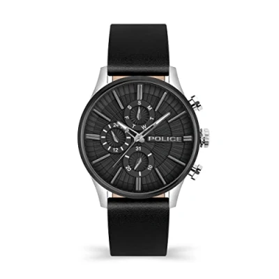 Image of Police Barter Mens Multifunction Watch with Black Dial and Leather Strap, 44mm Stainless Steel Case in Branded Box PEWJF2195040 2 Year Warranty