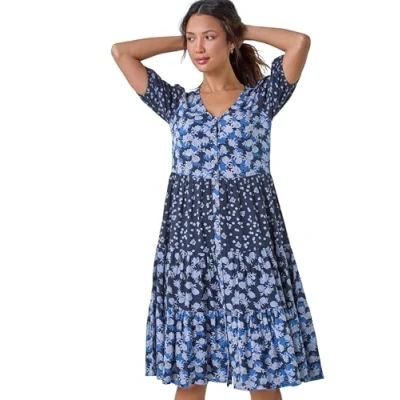 Image of Roman Originals Smock Dress for Women UK Ladies Cotton Summer Embroidered Frilled Tiered Lounge Casual Beach Cruise Holiday Cocktail Party 3/4 Sleeve Pull On Gathered Skirt Navy Size 18