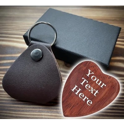 Image of Custom Engraved Heart Shaped Wooden Guitar Plectrum Novelty Gift Pick Pendant with Leather Keyring in Presentation Box (Leather Keyring, Custom)