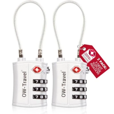 Image of TSA Approved Luggage Locks (2 Pack) OW Travel 3 Digit Heavy Duty Zinc Alloy Security Cable Padlock, Combination Padlocks, Code Lock for Suitcase, Zipper, Luggage, Bag, Case, Gym Locker (Silver)