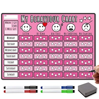 Image of TMS Behaviour Chart for Children A3 Magnetic Star Inspiring Good in Toddlers and Kids, Boys Girls With 4 Coloured Dry Wipe Pens! (Pink, Chart)