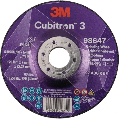 Image of 3M Cubitron 3 Depressed Center Grinding Wheel, 98647, 36+, T27, 125 mm x 7 22.23 mm, EN, 10/Pack