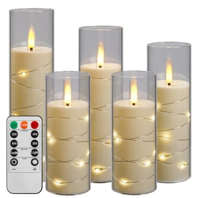 Image of Da by LED Candle Light with String Lights, Battery Opowered Remote Control and 24 Hour Timer, Flickering Flameless for Christmas Decoration, Home Decoration(Lvory White, Set of 5)