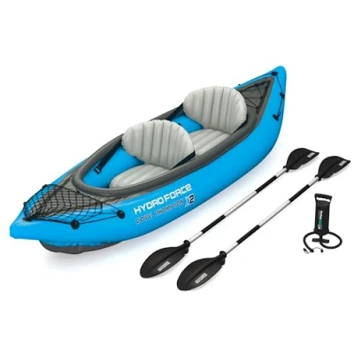 Image of Bestway Hydro Force Cove Champion X2 Kayak Inflatable Boat Set with Hand Pump, Paddles, Seats, Fins and Storage Bag Two Seater