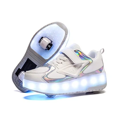 Image of Boys Girls Shoes Children&#039;s with Wheels LED Luminous Outdoor Sports Flashing Skateboard Trainers Birthdays Holidays, 888 white, 13 UK