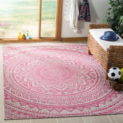 Image of SAFAVIEH Contemporary Rug for Indoor &amp; Outdoor Courtyard Collection, Short Pile, in Light Grey and Fuchsia color, 160 X 231 cm
