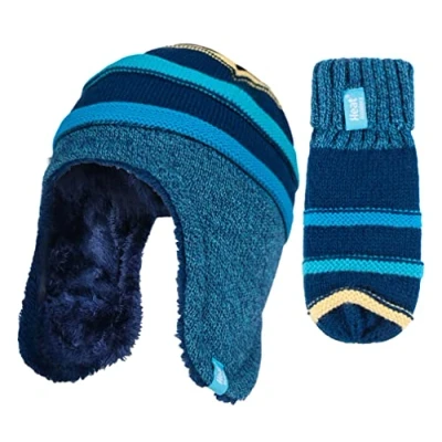 Image of HEAT HOLDERS Childrens Boys Winter Warm Fleece Lined Thermal Hat and Mittens Set with Ear Flaps (3 6 Years, CCMP4)