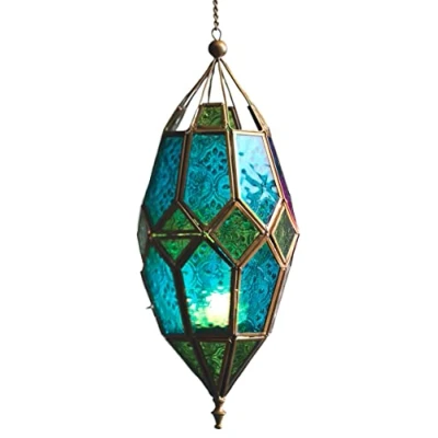 Image of Moroccan Style Hanging Glass Tealight Lantern (Large Green/Blue)
