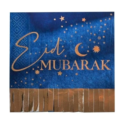 Image of Ginger Ray Eid Mubarak Navy and Gold Fringe Napkins 16 Pack, Blue
