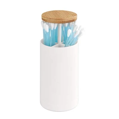 Image of WENKO Laresa Cotton Bud Holder Storage for Buds up to 7.8 cm Long with Sustainable Bamboo Lid Cosmetic Pad Dispenser Made of Plastic