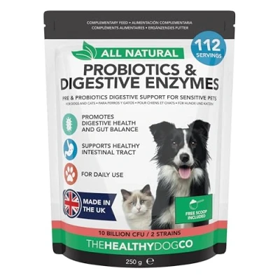 Image of The Healthy Dog Co. Probiotics for Dogs (112 Servings) Digestive Enzymes Probiotics, Support Prebiotics Fibre Supplement, Tummy Settlers Cats, Add Water Probiotic Paste