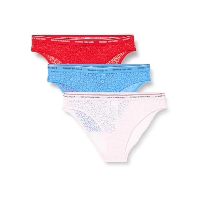 Image of Tommy Hilfiger Women&#039;s 3 Pack Bikini Lace (Ext Sizes) Uw0uw04897 Panties, Red (Fierce Red/Blue Spell/Pearly Pink), XL