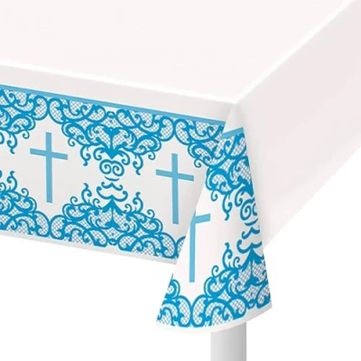 Image of Fancy Blue Cross Rectangular Plastic Table Cover (137cm x 213cm) Perfect for Parties, Events &amp; Celebrations 1 Pack