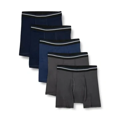 Image of Amazon Essentials Men&#039;s Comfortable Cotton Tag Free Boxer Briefs, Pack of 5, Charcoal/Dark Blue/Dark Navy, S