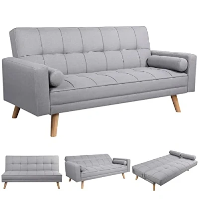 Image of Yaheetech 3 Seater Fabric Sofa Bed Click Clack Modern Sleeper Settee with Cushions for Living Room/Guest Room,Grey