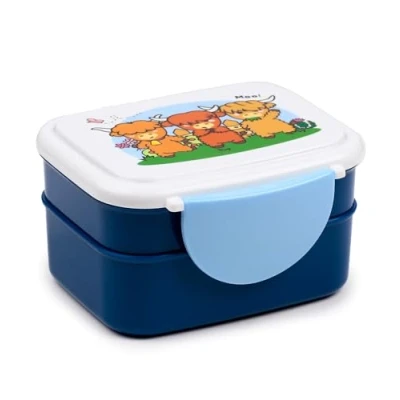 Image of Puckator Adoramals Highland Coo Clip Lock Stacked Bento Lunch Box with Cutlery Boxes for Adults Compartments and Fork Spoon Snack Food Containers Lids Stackable Pots Kids