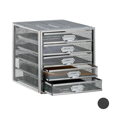 Image of Relaxdays Desk Organiser, 5 DIN A4 Files, Letter Tray and Paper Sorter, Mini Chest of Drawers, Silver, Steel, H x W D: app. 29 27.5 35.5 cm