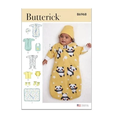Image of BUTTERICK B6968A Infants&#039; Bunting, Jumpsuit, Shirt, Diaper Cover, Hat, Bib, Mittens, Booties and Blanket A (XXS XS S M L)