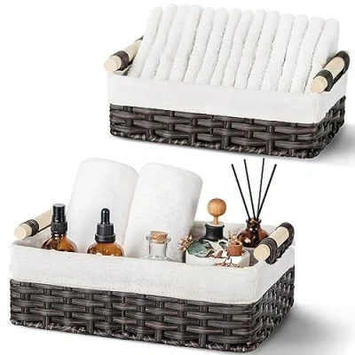 Image of GRANNY SAYS Wicker Baskets, Storage Baskets for Shelves, Small Organizing, Basket Organizer with Handles, Toilet Paper Back of Toilet, Set 2