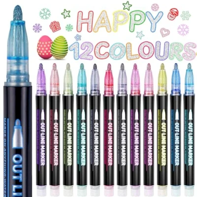 Image of Lenski Gifts for Teenage Girls, Stocking Fillers Kids, 12 Colours Glitter Pens Outline Marker Pens, 4 13 Year Old Girls Double Line Metallic Scrapbook