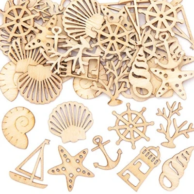 Image of Baker Ross AT757 Seaside Mini Wooden Shapes Pack of 45, Woodcrafts for Kids to Design, Paint, Decorate and Then Use