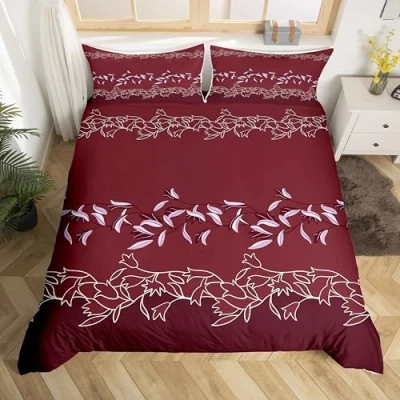 Image of Loussiesd Wine Red Comforter Cover Double Size Embroidered Floral Bedding Set Jacquard Decorative 3 Pieces European Duvet Women Bedspread with 2 Pillowcase Microfiber Zipper