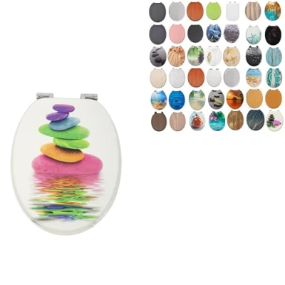 Image of 18&quot; MDF Toilet SEAT Universal Adjustable Fit Most Toilets Oval Seat┃Bathroom Standard Wooden WC +Fittings (Colourful Stones)