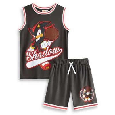 Image of Sonic The Hedgehog Shadow 2 Piece Basketball Set in Black Unisex Kids Sports Apparel Sleeveless Top with Cartoon Design Activewear for Children Merch 11 12 Years