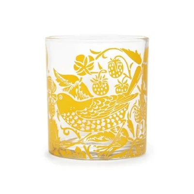 Image of Half Moon Bay Strawberry Thief by William Morris Quice Yellow 16 Ounce Glass Cocktail Mocktail Drinking Cup