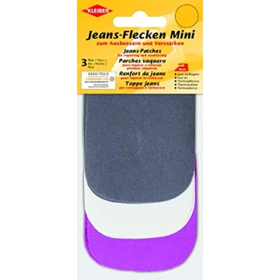 Image of Kleiber Set of Six Mini Iron On Jeans Repair Patches (3 Colours) 9cm x 7cm Grey/White/Pink