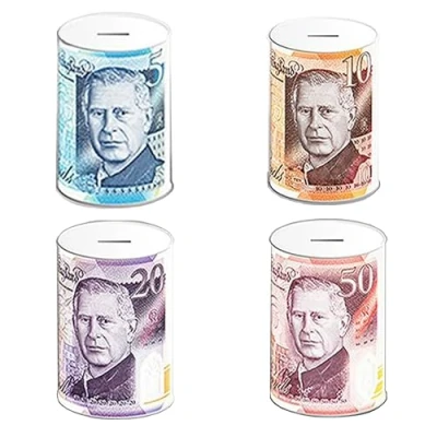 Image of KAV King Charles Large Money Tin Box (22 CM) Multicoluor Coin Bank, Ideal Saving Jar for Adults &amp; Kids, Perfect Rainy Day Savings, Sealed to Prevent Dipping, British Banknote Design