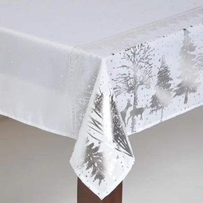 Image of HOMESCAPES Christmas Tablecloth, Rectangular Cotton Xmas Table Cloth, Handcrafted &amp; Durable Festive Dining Cover with Hem Stitch, Hypoallergenic, Washable, Sparkling Silver Tree 137x228cm