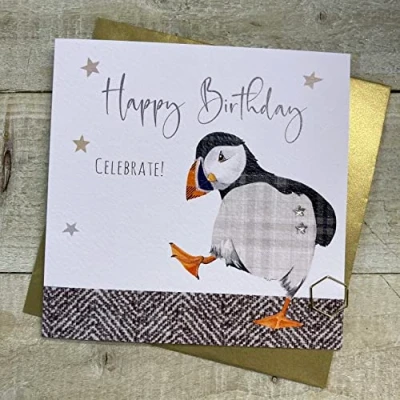 Image of WHITE COTTON CARDS CUTE PUFFIN BIRTHDAY CARD, HAND FINISHED (S348)