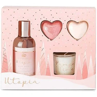 Image of Style &amp; Grace Utopia Relax and Bathe Gift Set 100ml Body Wash + 2 x 20g Heart Bath Fizzer 30g Candle