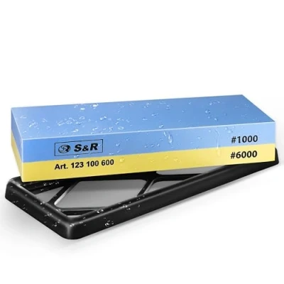 Image of S&amp;R 2 Sided Whetstone Sharpening Stone 18 x 6 3 cm with 1000/6000 Grit and Silicone Holder, 100% Corundum
