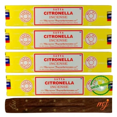 Image of Original Satya Nag Champa Citronella incense sticks with M&amp;J holder x4 pack for Aromatherapy, Spa, Yoga, Weddings, Meditation, Healing, Positivity and Relaxation