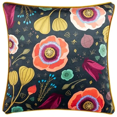 Image of Kate Merritt Bright Blooms Piped Velvet Filled Cushion Navy One Size