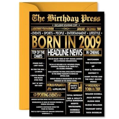 Image of Gold 16th Birthday Card for Boys Girls Black &amp; Golden Newspaper Born in 2009 Happy 16 Cards Cousin Daughter Sister Niece Nephew Grandson, 5x7 Inch Bday Greeting