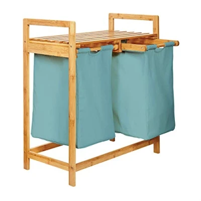 Image of Lumaland Bamboo laundry Basket with 2 extendable bags Size approx. 73 cm height x 64 width 33 depth, Colour: Light Blue