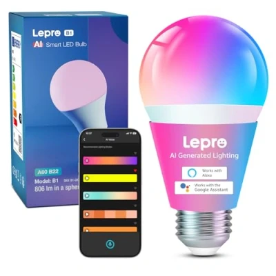 Image of Lepro B1 AI Smart Bulb E27, Music Sync Bluetooth &amp; WiFi Bulb, Voice Control Screw Lighting Design Assistant, Colour Changing Light Bulbs, RGBCCT, Work with Alexa Google Assistant