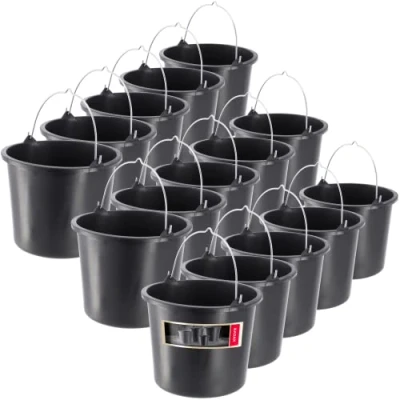 Image of KADAX Plastic Bucket 5L, Large Builders with Metal Handle for Cleaning and Plastering, Black Construction Cement, Paint (Set of 15)