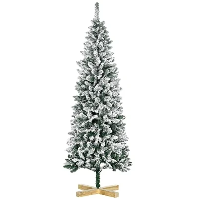 Image of HOMCOM 6 Ft Snow Flocked Artificial Christmas Tree, Xmas Pencil Tree with Realistic Branches, Auto Open, Pinewood Base, Green